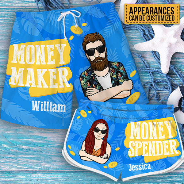 Money Maker Money Spender - Personalized Couple Beach Shorts - Matching Swimsuits For Couples - Gift For Couples, Husband Wife