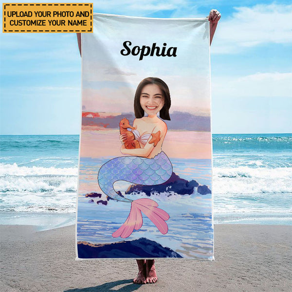 Custom Photo - Beach Themed Mermaid Summer Beach Towel - Summer Customized Beach Towel - Personalized Custom Beach Towel