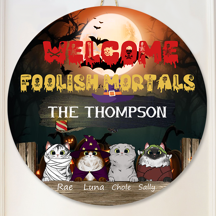 Personalized Little Meownsters Wooden Sign - Up to 5 Cats - Halloween Gift For Cat Lovers - Welcome Foolish Mortals