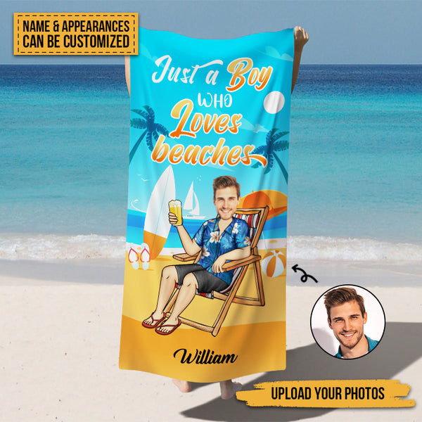 Custom Photo Personalized Custom Beach Towel Just A Boy Who Loves Beaches Swimming Picnic Vacation
