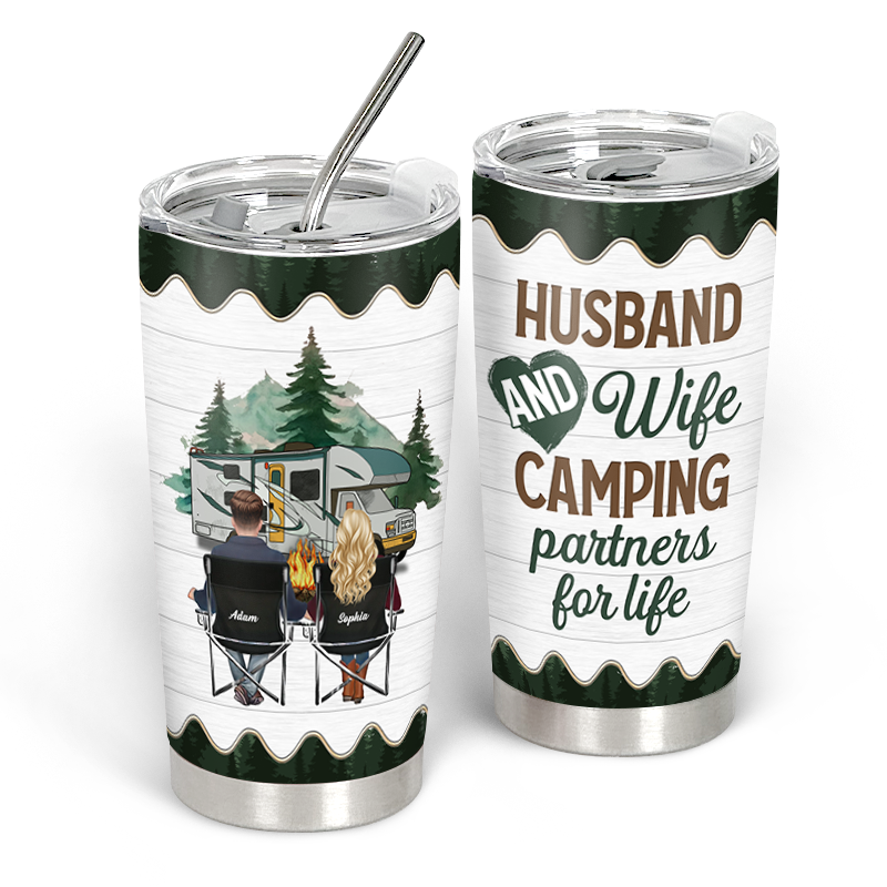 Personalized Camping Serving Platter - Gift Idea For Camping Lovers/Couple With Up To 4 Dogs - Husband And Wife Camping Partners For Life