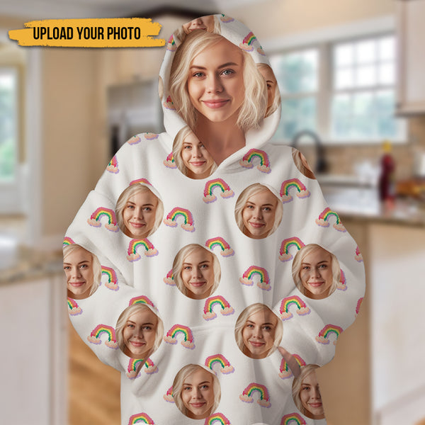 Personalized Oversized Blanket Hoodie Custom Face Warm Hoodie Rainbow Pattern Gift For Besties Mother