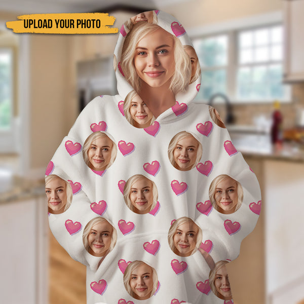 Personalized Oversized Blanket Hoodie Custom Face Warm Hoodie Heart Pattern Gift For Besties Mother