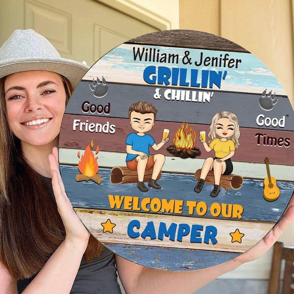 Welcome To Our Camper Gift For Camping Couples Personalized Custom Door Sign