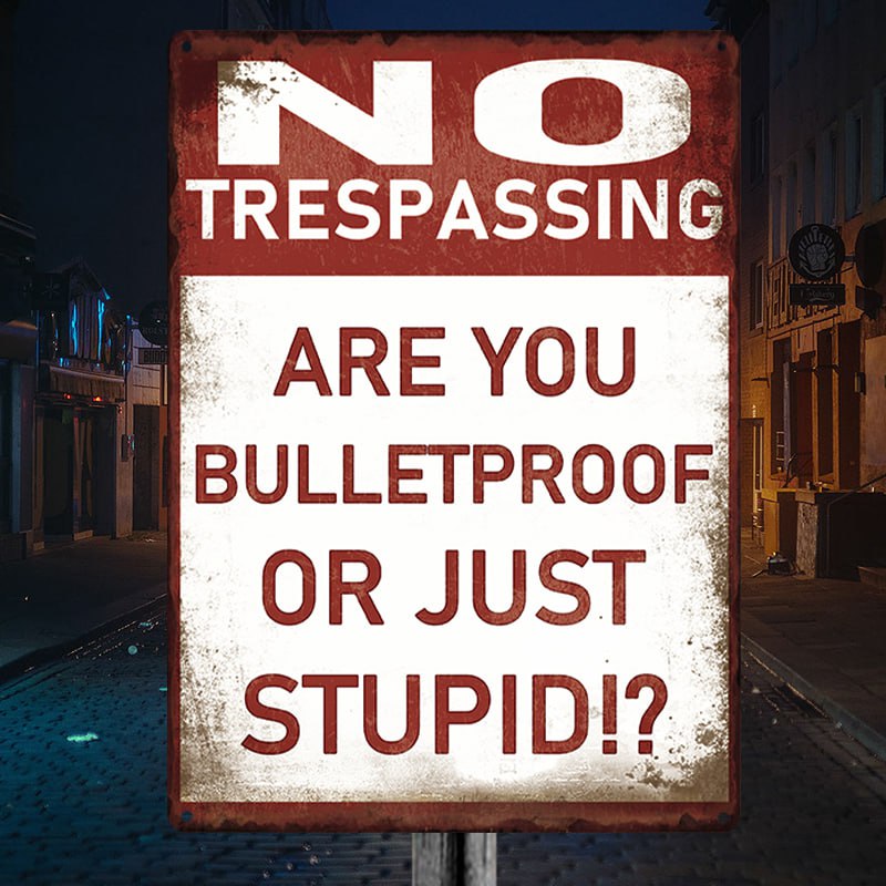 Targa In Metallo Vintage Retrò 30,5x20,3 Cm, Scritta "No Trespassing - Are You Bulletproof Or Just Stupid!?", Con Adesivi, Per Bar, Garage
