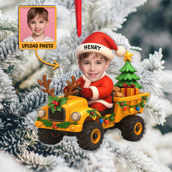 Custom Baby Photo Santa With Toy Truck - Personalized Acrylic Ornament - Christmas Gift For Family Members, Kids, Newborn