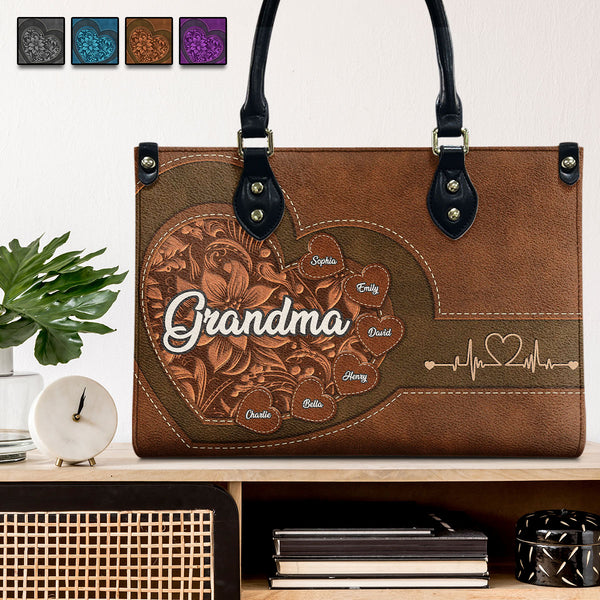 Grandma And Her Grandchildren - Personalized Customized Leather Handbag - Gift For Family Member, Grandma, Wife, Her