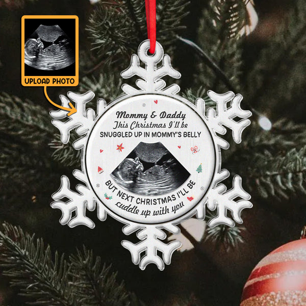 Custom Photo Snuggled Up in Mommy's Belly - Personalized Acrylic Snowflake Ornament - Christmas Gift For Parents, Couples, Family Members, Newborn