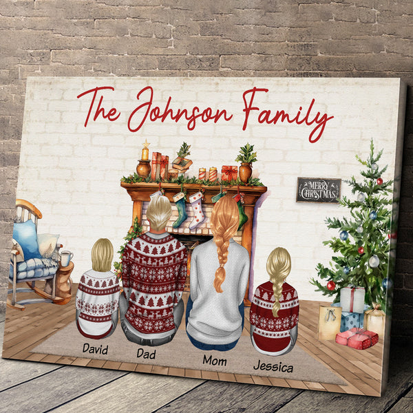 Christmas Family Back View Sitting Together At Fireplace - Personalized Customized Canvas - Gift For Family