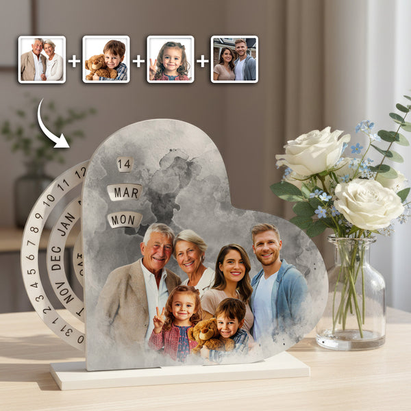 Custom Combine Family Photo, Add Deceased Loved One To Photo - Personalized Heart Rotating Calendar - Meaningful Gift For Family Members