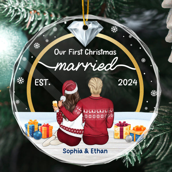 Diamond Ring First Christmas Married - Personalized Glass Ornament - Christmas Gift For Couple