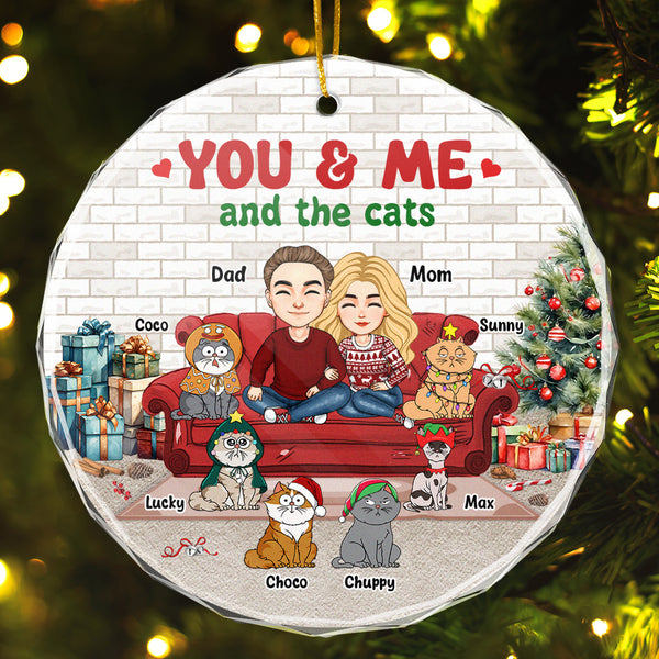 You And Me And The Cats Christmas - Personalized Glass Ornament - Gift For Couple