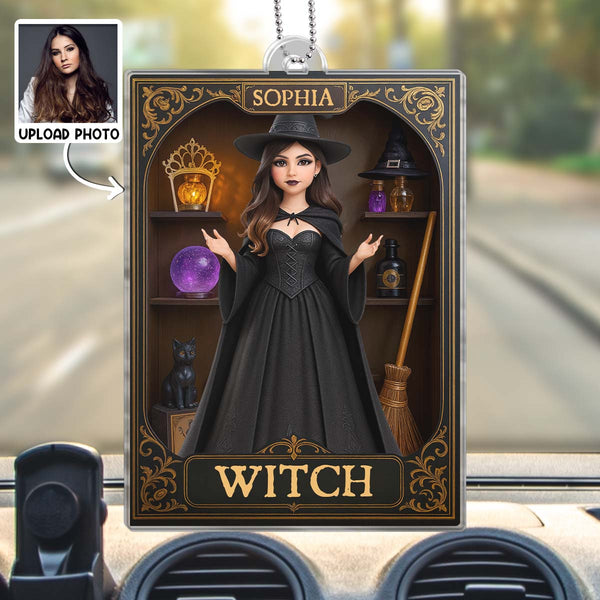 Custom Photo Witchy Halloween Figure Style - Personalized Acrylic Car Ornament - Special Gift For Family Members, Friends , Couples