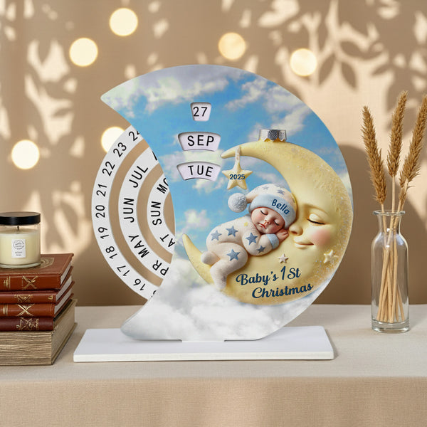 Sleeping Baby 1st Christmas - Personalized Moon Rotating Calendar - Special Gift For Baby Kid, Newborn
