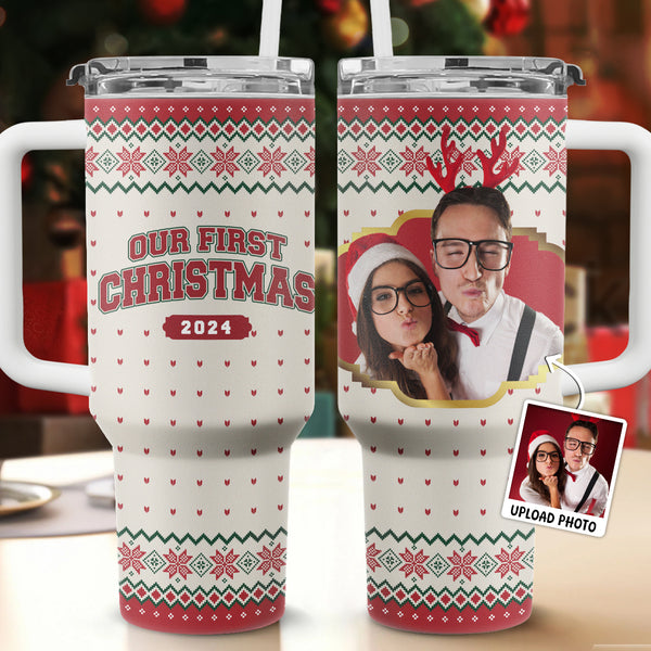 Custom Photo First Christmas - Personalized Custom 40oz Stainless Steel Tumbler - Gift For Couple