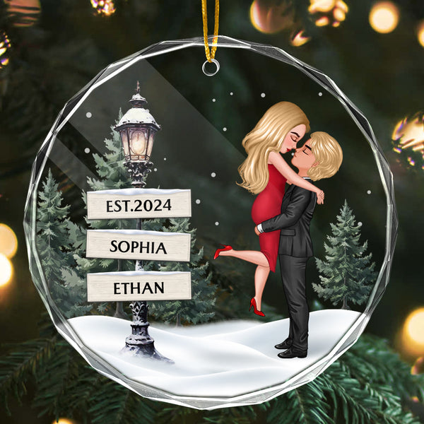 Couple Hugging Kissing By Christmas Vintage Family Lamp - Personalized Glass Ornament - Gift For Him, For Her