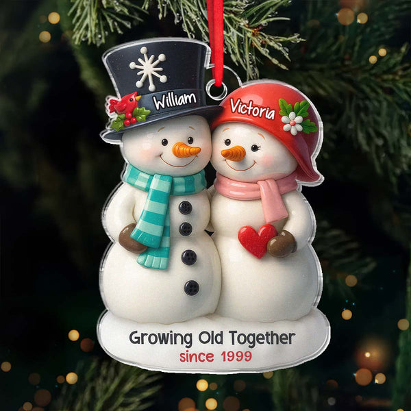 Growing Old Together 3D Effect Couple Snowman - Personalized Acrylic Ornament - Christmas Gift For Family Member, Couple