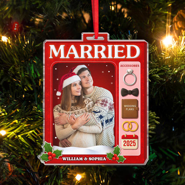 Custom Photo Happily Married - Personalized Acrylic Ornament - Christmas Gift For Parents, Couples, Family Members