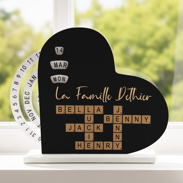 Crossword Puzzle Custom Family Name - Personalized Heart Rotating Calendar - Gift For Family Members
