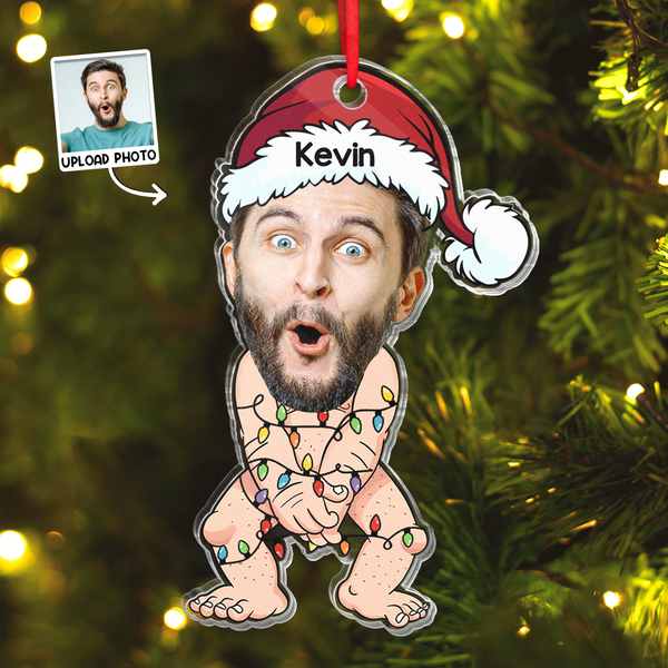 Custom Photo Funny Man Cover Himself - Personalized Acrylic Ornament - Christmas Gift For Family