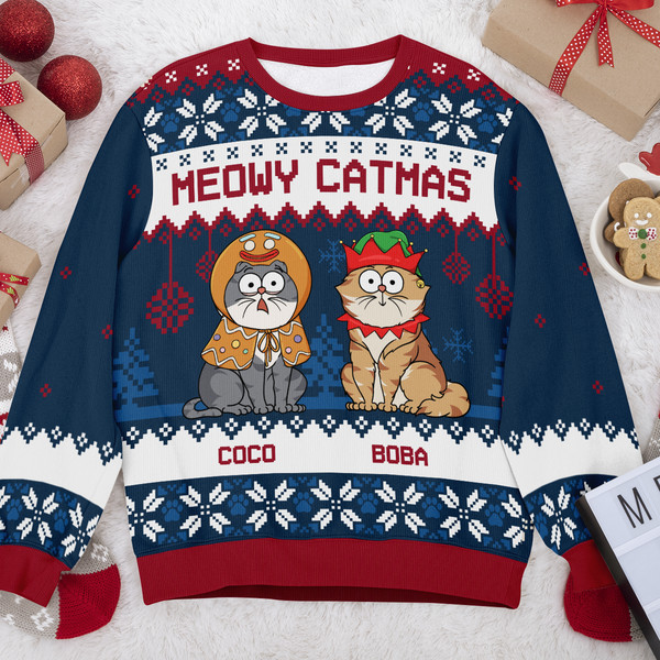 Meowy Catmas - Customized Personalized Ugly Sweater - Christmas Gift For Cat Lover Cat Dad Cat Mom