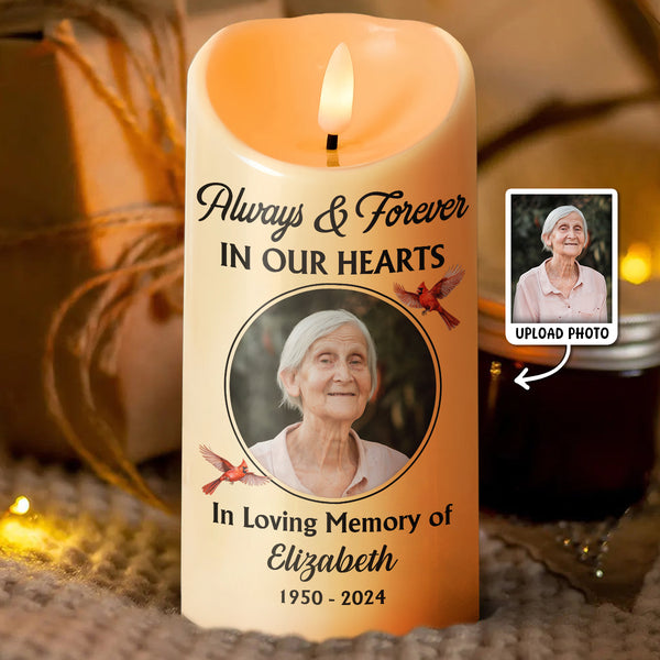 Always & Forever In Our Hearts - Personalized Candle LED Light - Memorial Gift For Family Members