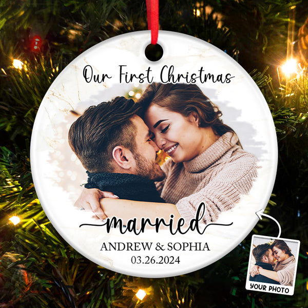 Custom Photo Our First Year Together - Customized Personalized Ceramic Ornament - Gift For Husband Wife, Anniversary, First Christmas