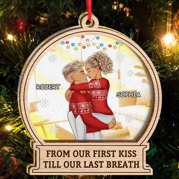 Christmas Couple - Kiss Till Our Last Breath - Personalized Custom Mirror Wooden Ornament Gift For Wife Husband