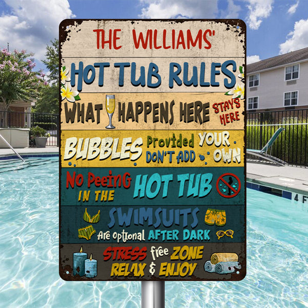 Hot Tub Rules What Happens Here Custom Classic Metal Signs, Funny Hot Tub Signs, Hot Tub Decorating Ideas