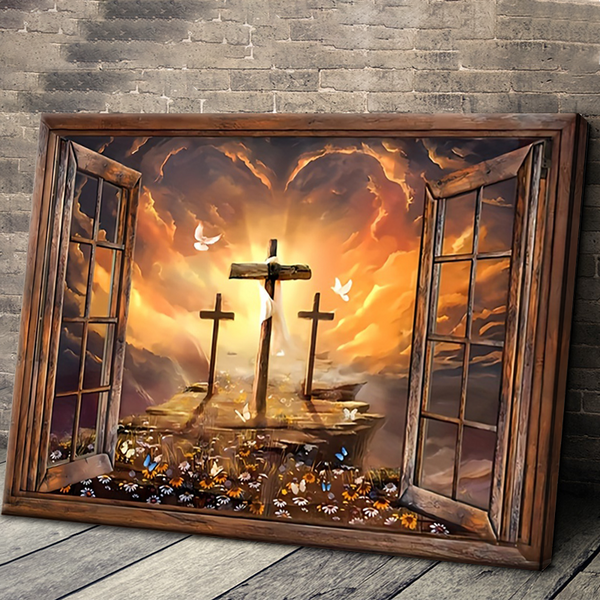 The Three Crosses Canvas Painting, Sunset Painting, Path To Heaven - Framed Canvas Wall Art