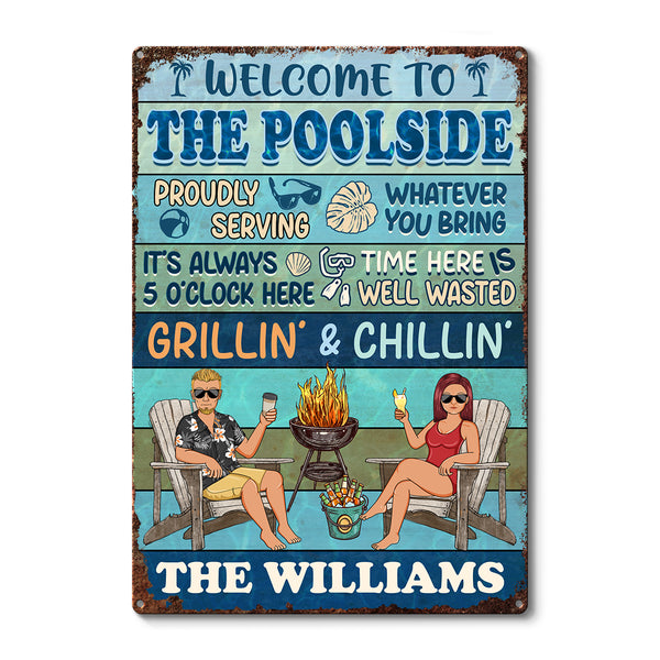 Swimming Poolside Backyard - Personalized Metal Sign - Gift For Couple