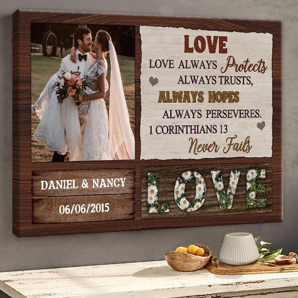 Custom Photo, Couple Gift, Christian Wedding Gift Love Never Fails 1 Corinthians 13 Personalized Canvas