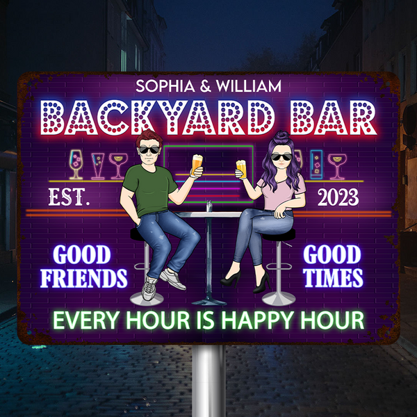 Backyard Bar Every Hour Is Happy Hour Gift For Couples Personalized Custom Metal Sign