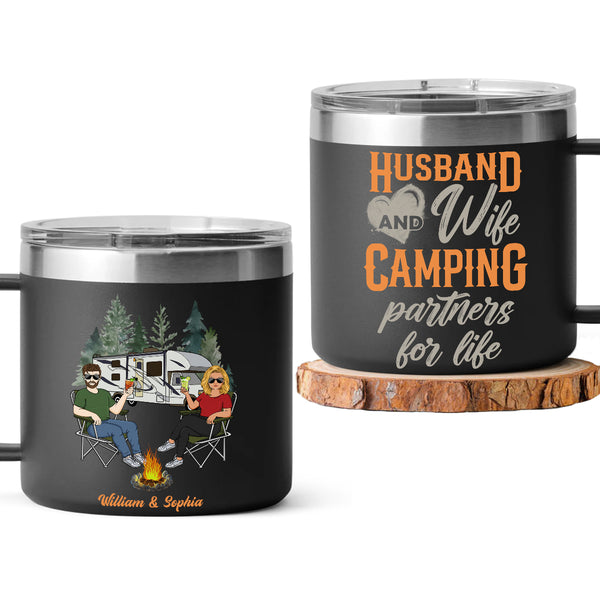 Camping Partner For Life - Custom 14oz Stainless Steel Tumbler With Handle - Gift For Husband, Wife, Couples