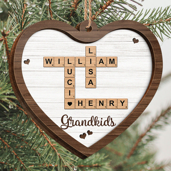 Grandkids Crossword Puzzle Art - Personalized 2-Layered Wooden Ornament - Christmas Gift For Grandma, Gift For Mom