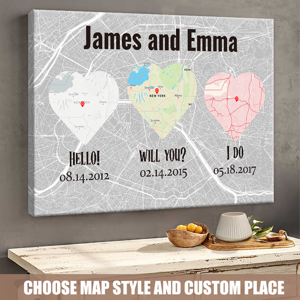Custom Map Hello - Will You - I Do - Couple Canvas Anniversary Gifts Personalized Custom Framed Canvas Wall Art