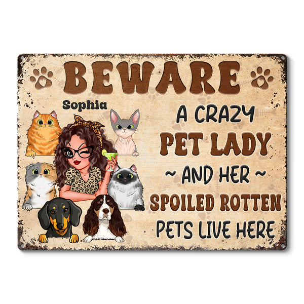 Beware A Crazy Pet Lady - Personalized Classic Metal Signs - Gift For Pet Lovers