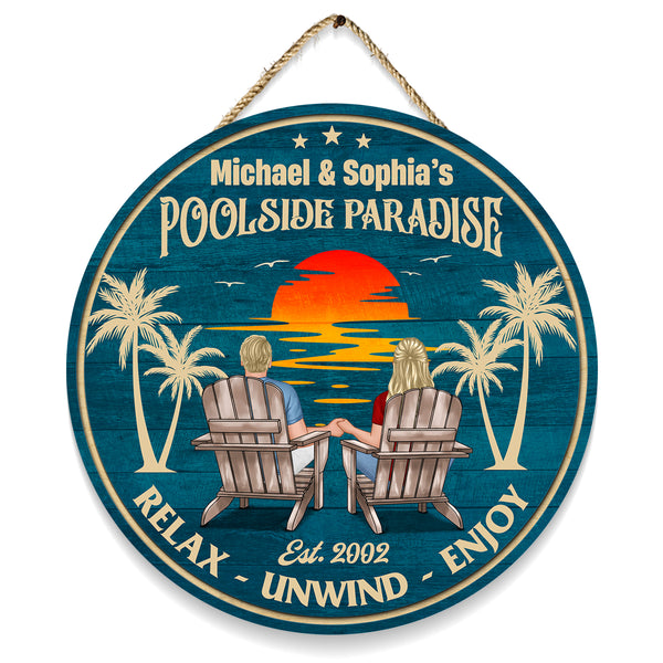 Custom Character Home Decor Poolside Paradise Personalized Custom Door Sign Gift For Couple