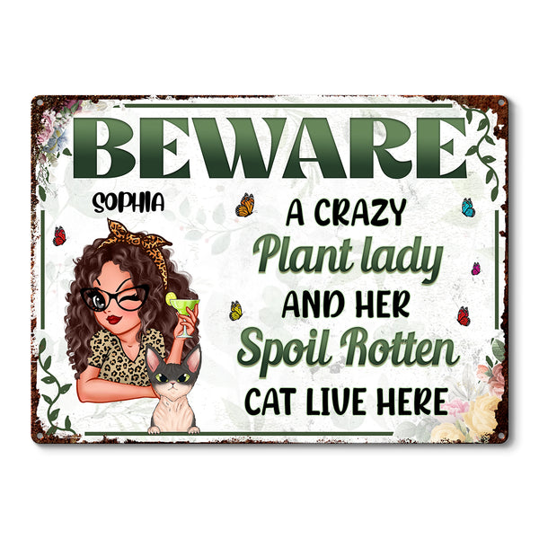 Beware A Crazy Plant Lady - Personalized Classic Metal Signs - Gift For Cat Lovers