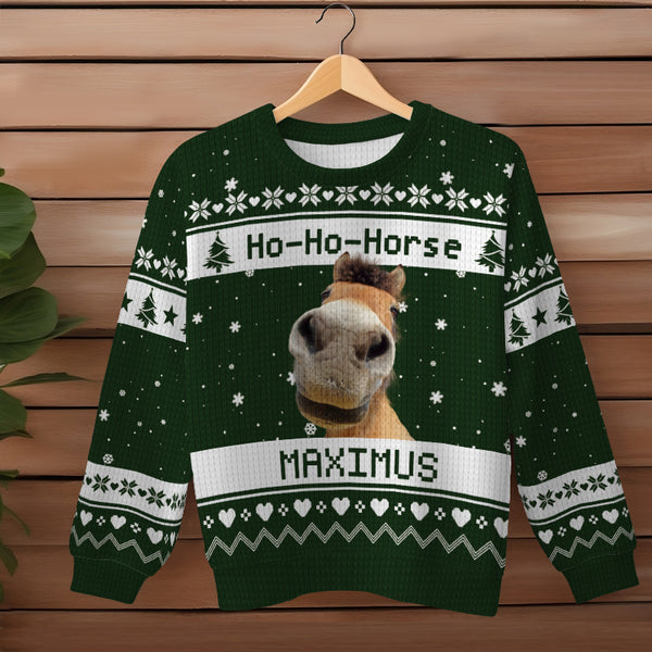 Custom Photo Ho-Ho-Horse Christmas Funny Horse Face - Ugly Sweater - Christmas Gifts Personalized Custom Ugly Sweater