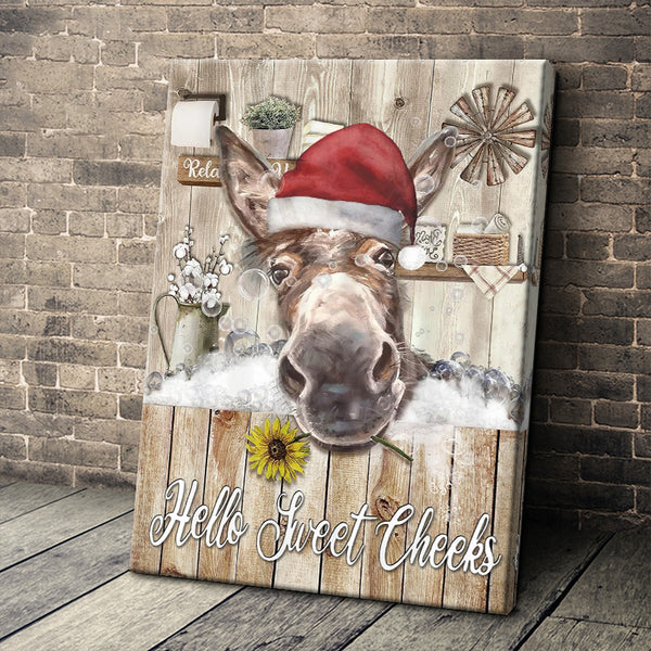Hello Sweet Cheeks Funny Donkey Santa Hat Christmas Canvas Decor Christmas Gifts For Friends Framed Canvas Wall Art