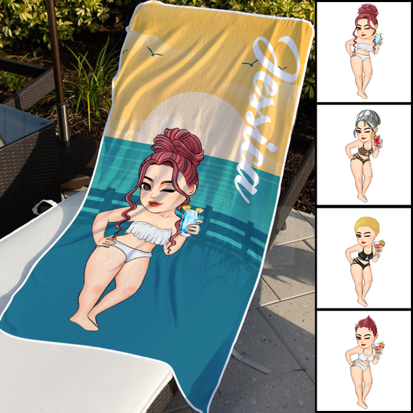 Cartoon Woman Beach Poolside Swimming Gift For Her Personalized Custom Beach Towel