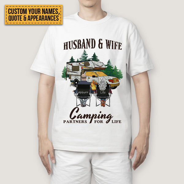 Personalized Custom T Shirt Husband And Wife Camping Partners For Life - Gift For Camping Lovers White Gray Pink Shirt