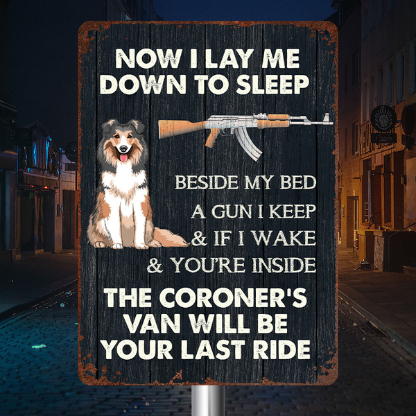 Warning Sign Dog And Gun Now I Lay Me Down to Sleep Outdoor Decor Vintage Metal Sign