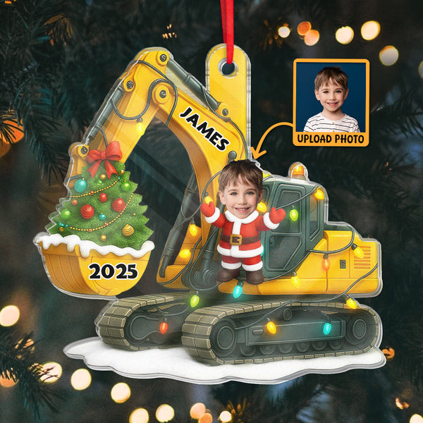 Custom Baby Photo Santa On Excavator - Personalized Acrylic Ornament - Christmas Gift For Family Members, Kids, Newborn