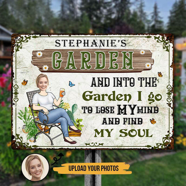 Custom Photo And Into The Garden I Go Gardening Girl - Garden Sign - Personalized Custom Classic Metal Signs