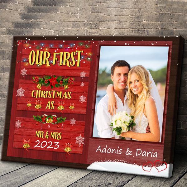 Custom Photo Personalized Canvas Wall Art, Christmas Gift For Couple, Our First Christmas As Mr & Mrs