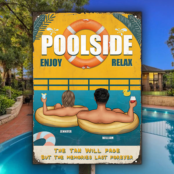 Poolside Enjoy Relax Laugh - Personalized Metal Sign - Swimming Pool Decor Gift For Family, Couple, Husband & Wife, Lover