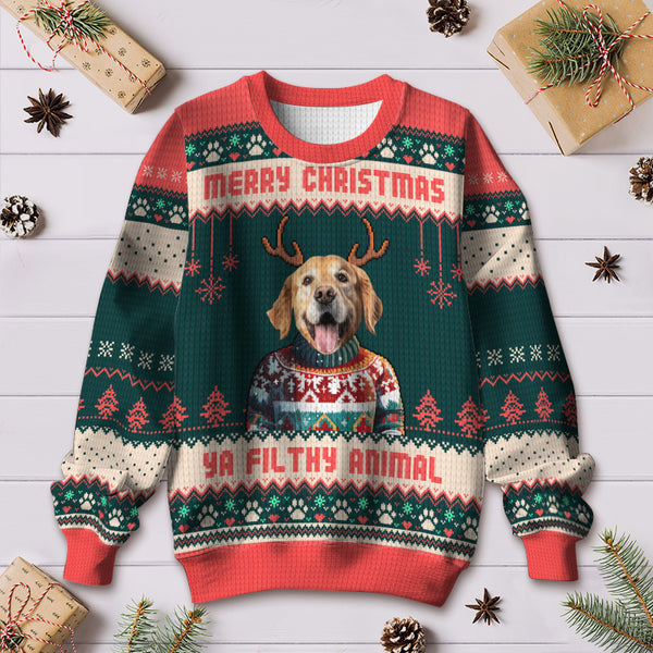 Custom Photo Christmas Sweater - Pet Face With Antler Christmas Gifts For Pet Lovers Personalized Custom Ugly Sweater