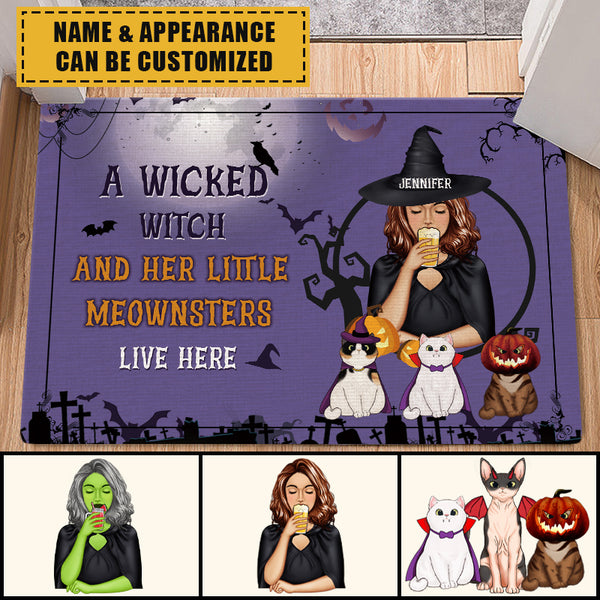 A Wicked Witch And Her Little Meownsters Live Here - Halloween Doormat - Gift For Cat Lovers Personalized Custom Doormat